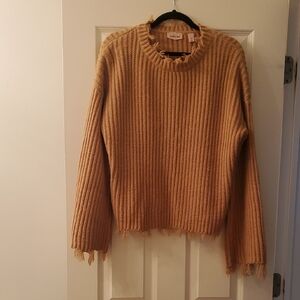 Buckle Tan Frayed Hem Sweater